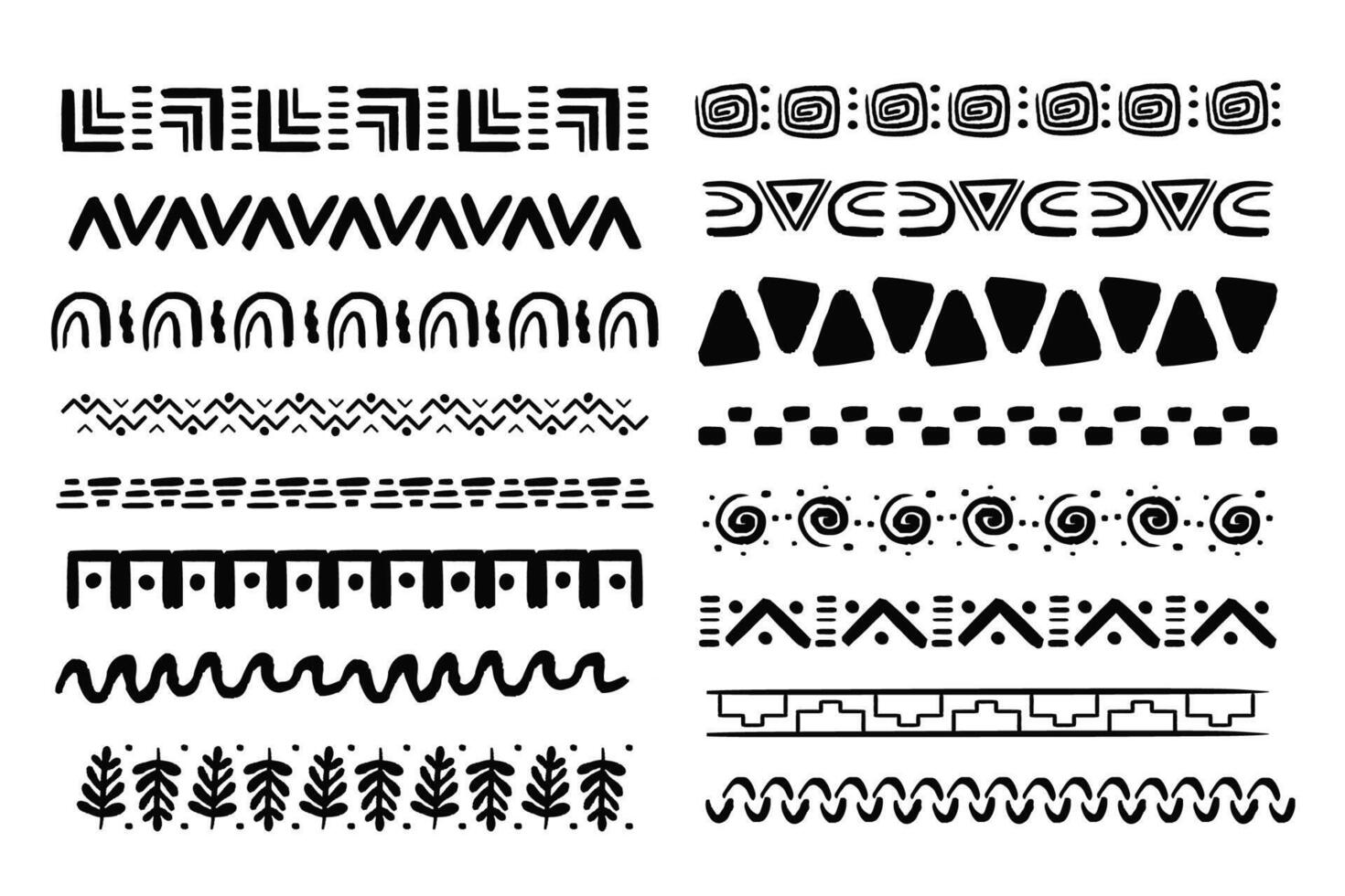 Set african tribal motive border in doodle hand drawn style from geometrical shapes isolated on white background. boho scandinavian srtoke, traditional native decor. vector