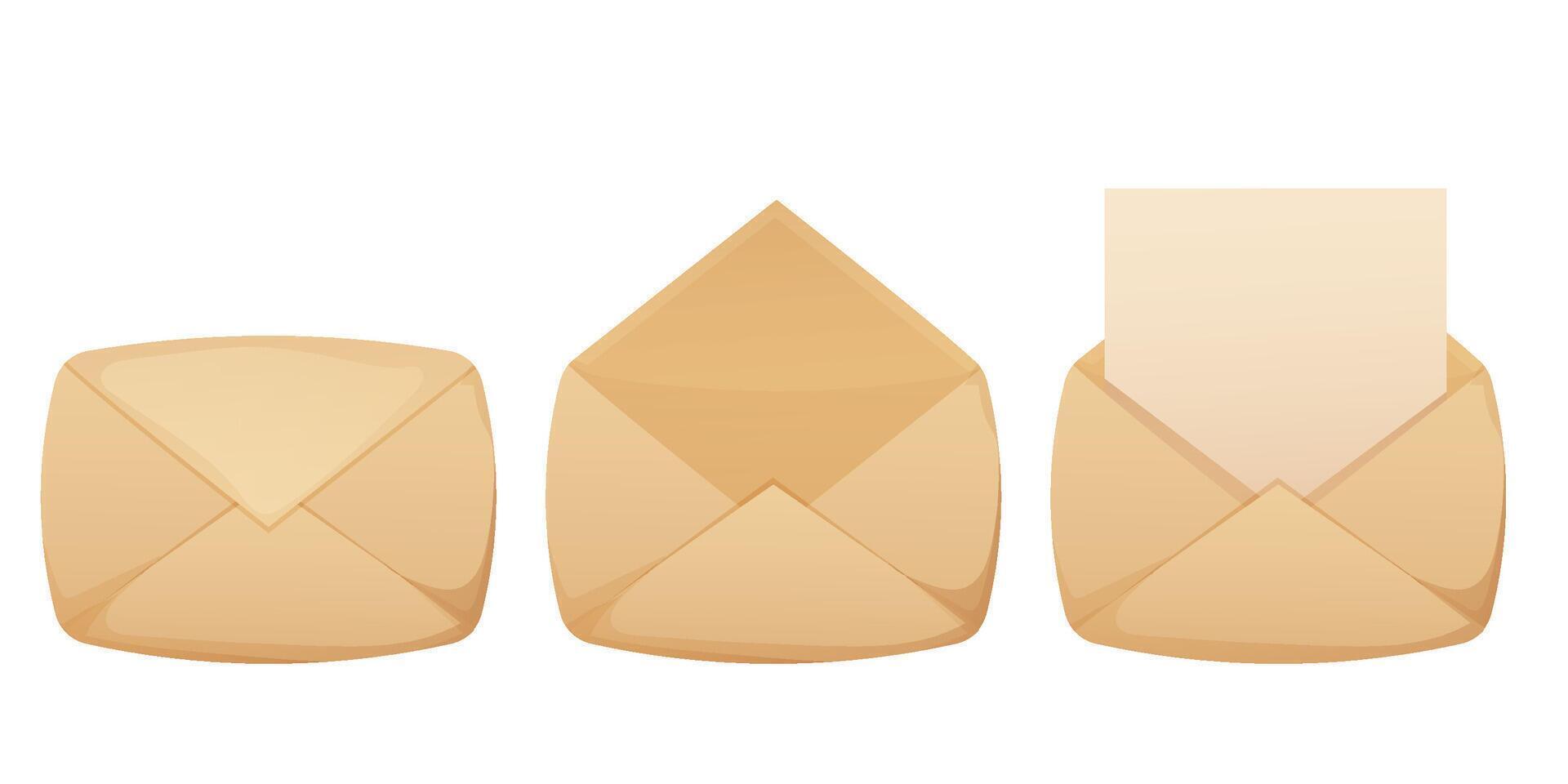 Set letter, envelope from craft paper, parchment Vintage, old correspondence. Textured and detailed clip art. vector