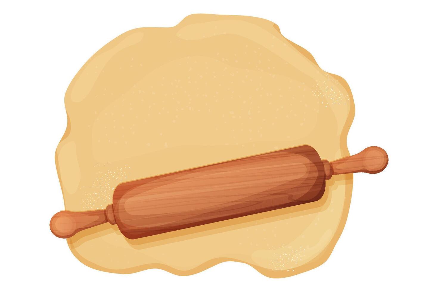 Wooden rolling pin with dough and flour handle culinary equipment isolated on white background. Wood textured roller, utensil, baker recipe. vector