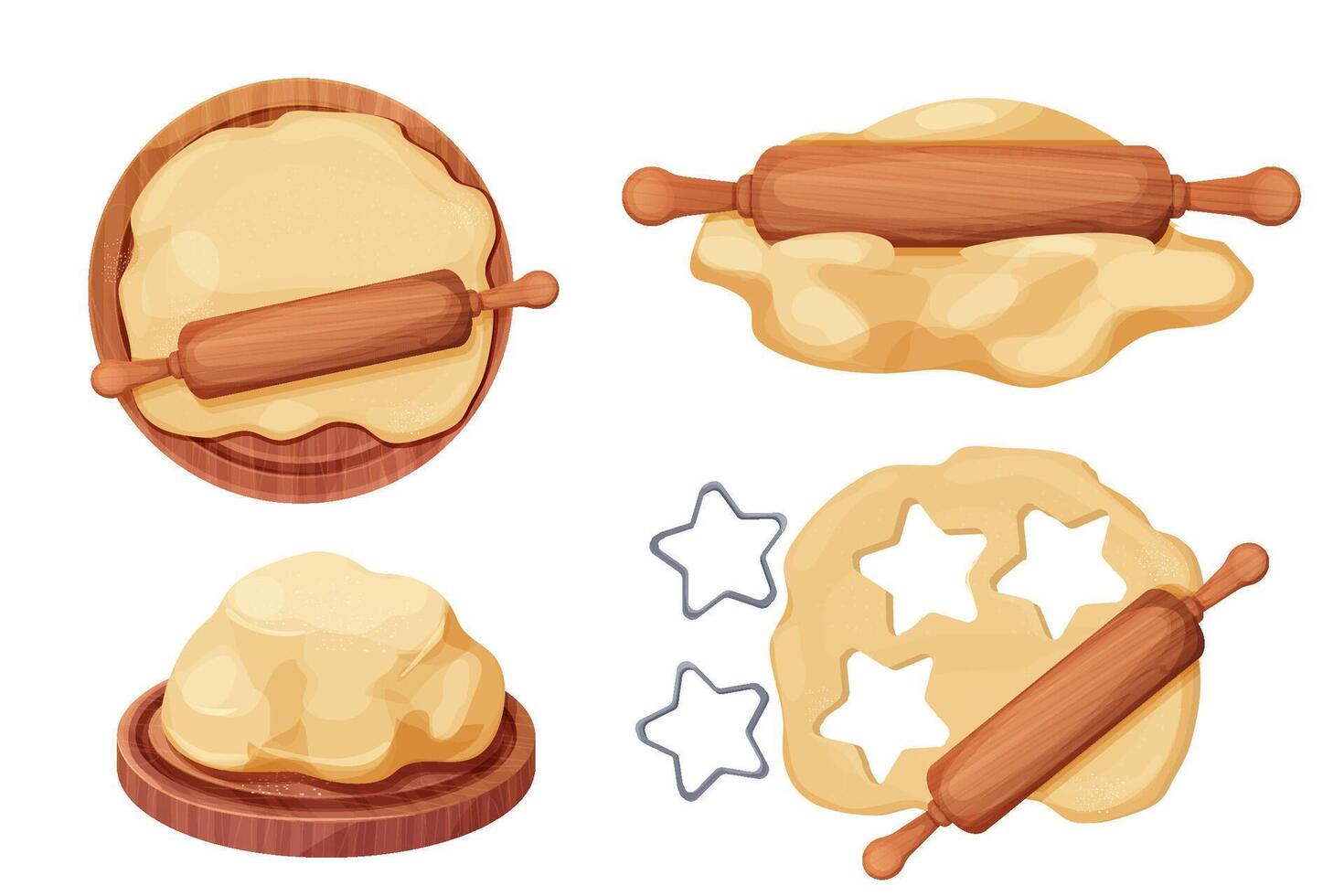 Set Wooden rolling pin with dough and flour handle culinary equipment on round wooden board, cookie cutter isolated on white background. Wood textured roller, utensil, baker recipe. vector
