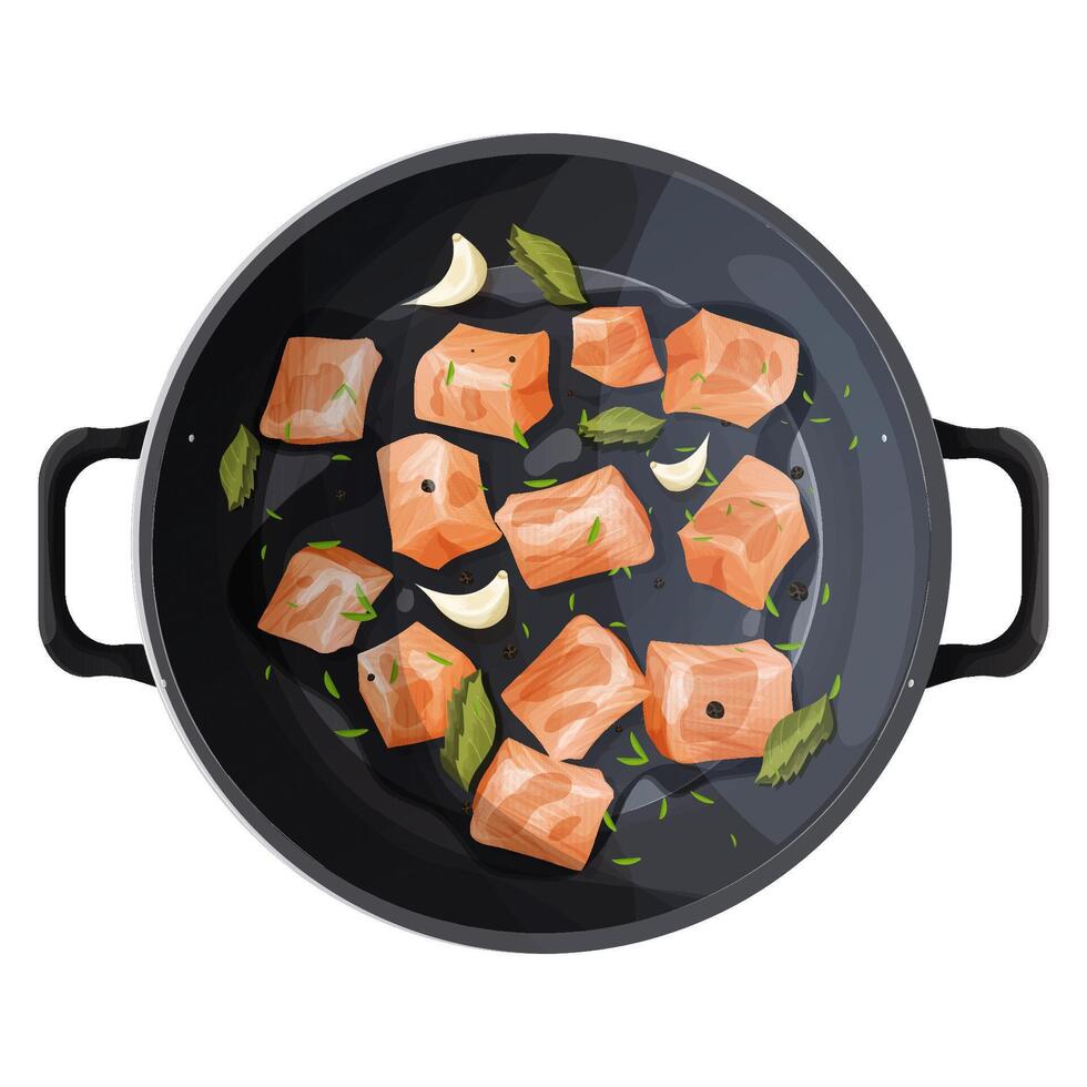 Roast chicken fillet chunks or turkey pieces in frying pan with spices, garlic and leaves top view isolated on white background. vector