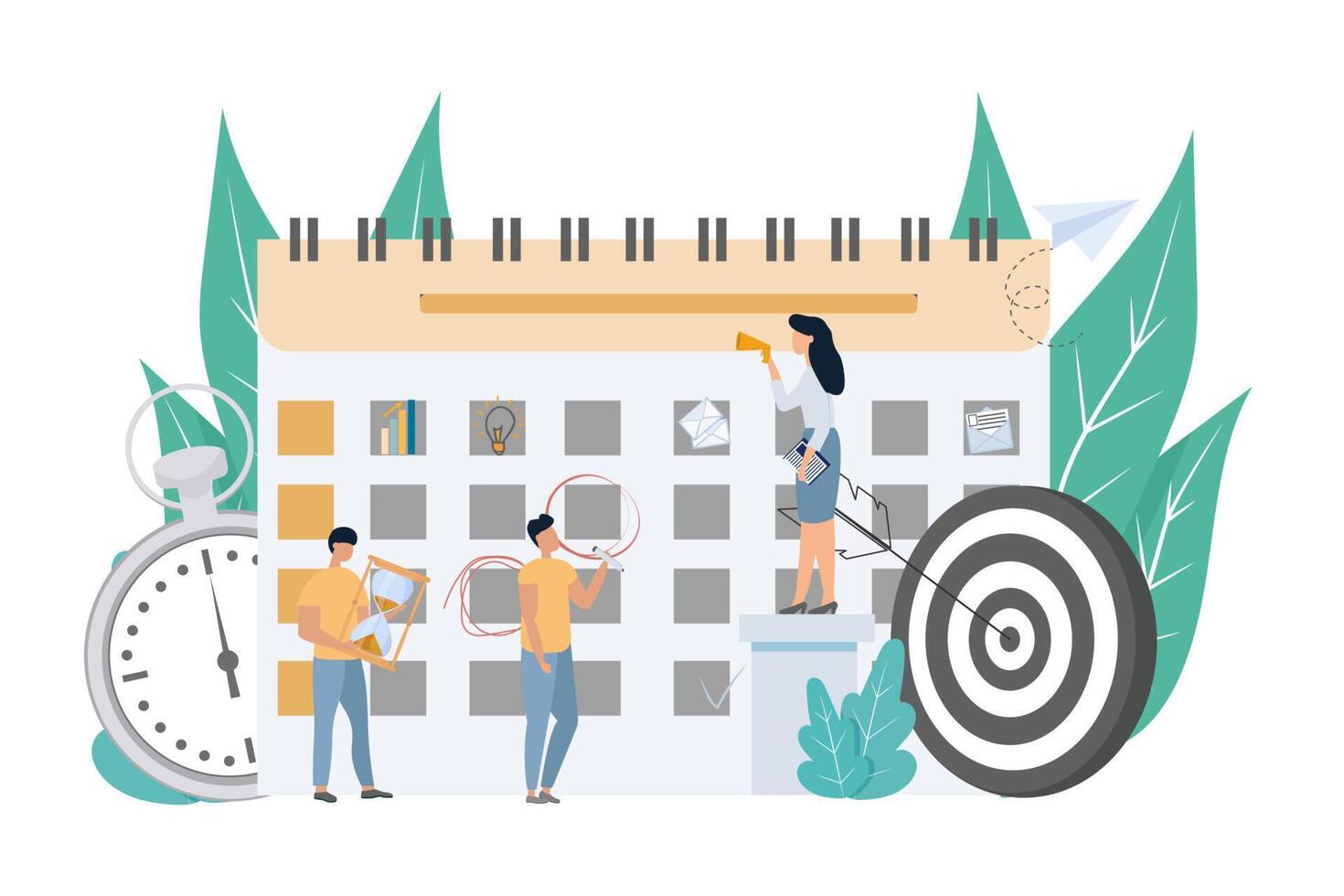 Time management planing idea. Calendar, schedule, stopwatch, goals and small characters . Strategy, balance, teamwork concept illustration in flat style vector