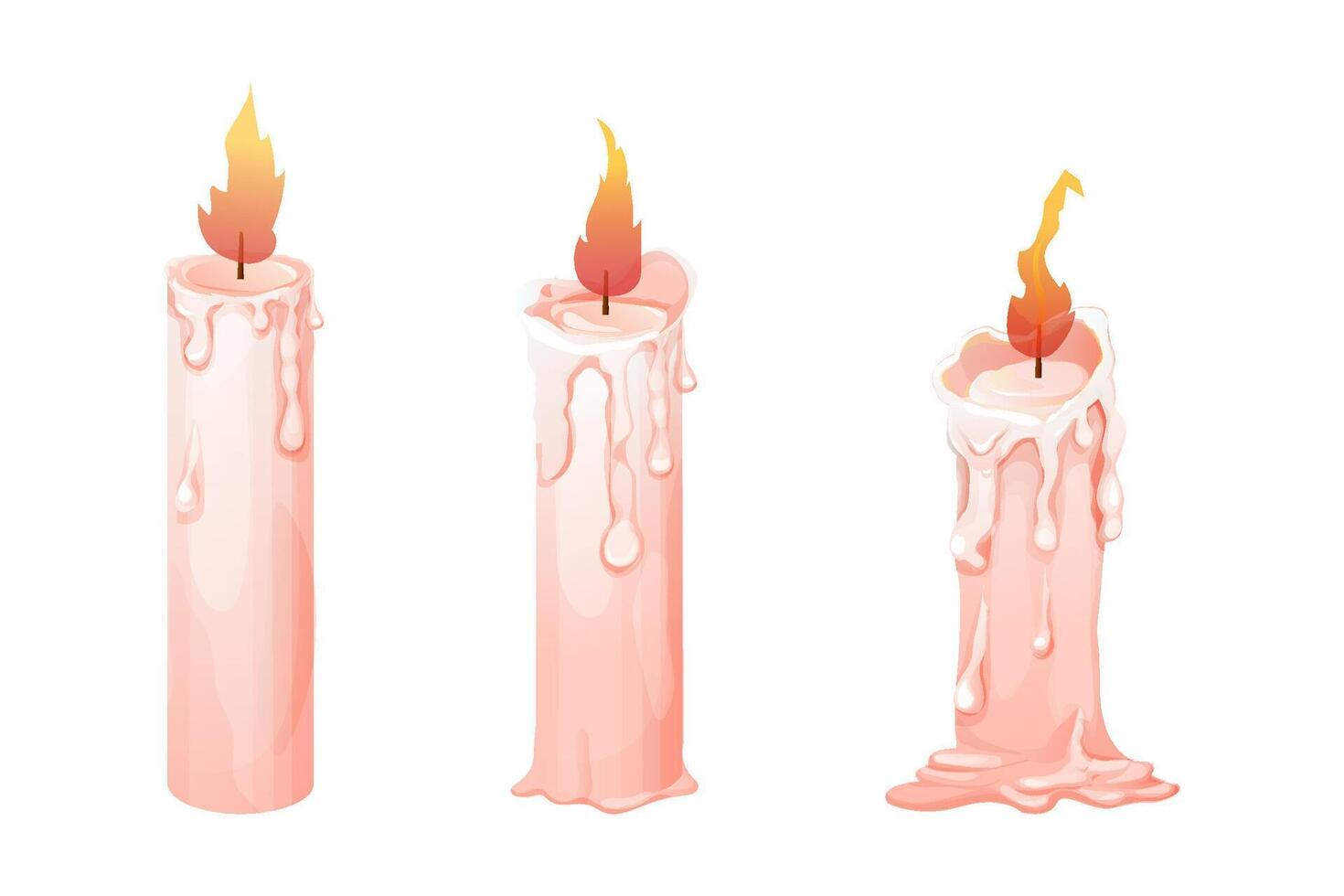 Set wax candle stages burning with fire, flame isolated on white background. Animation objects vector