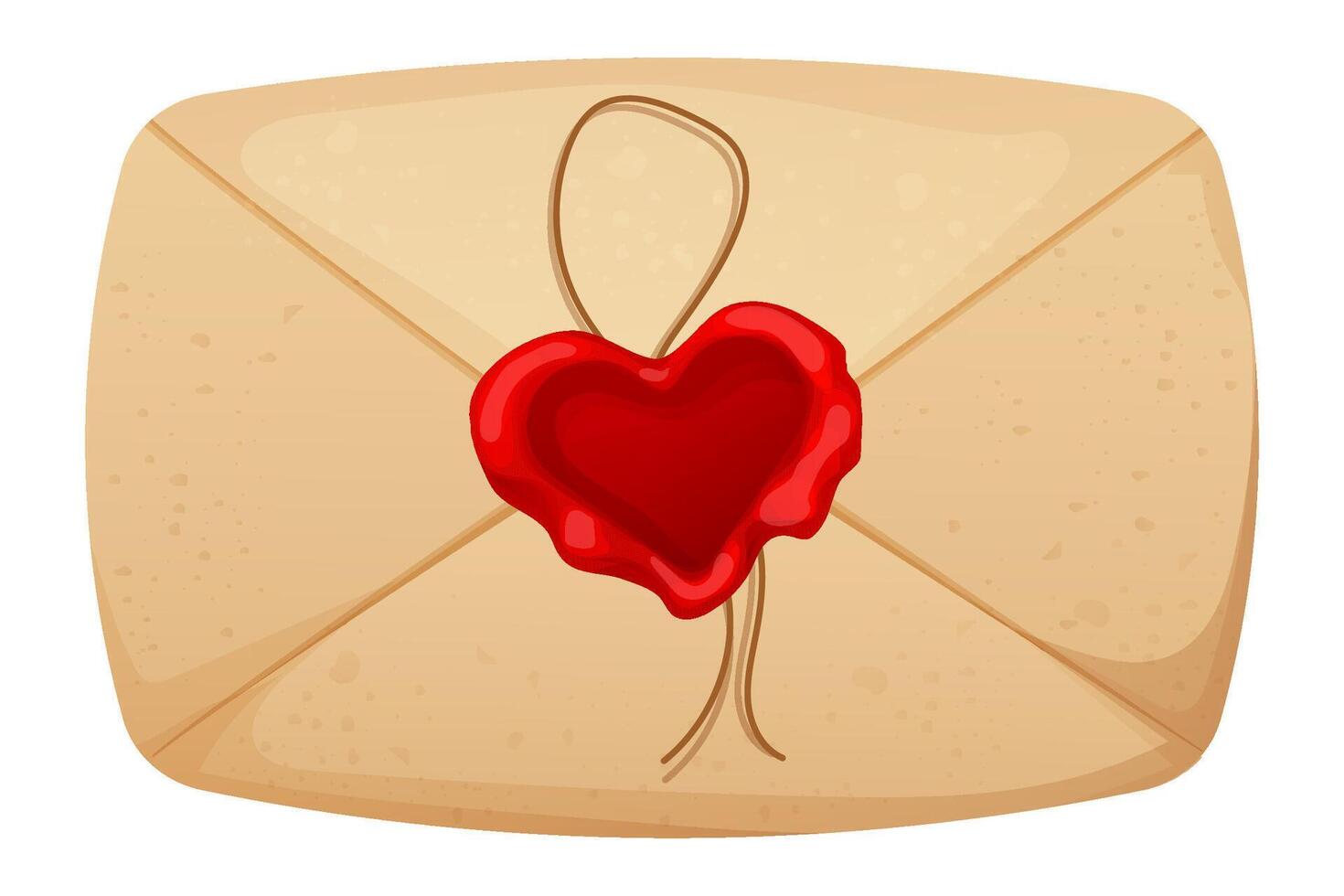 Envelope, romantic love letter with wax seal, rope and heart shape rope isolated on white background. vector
