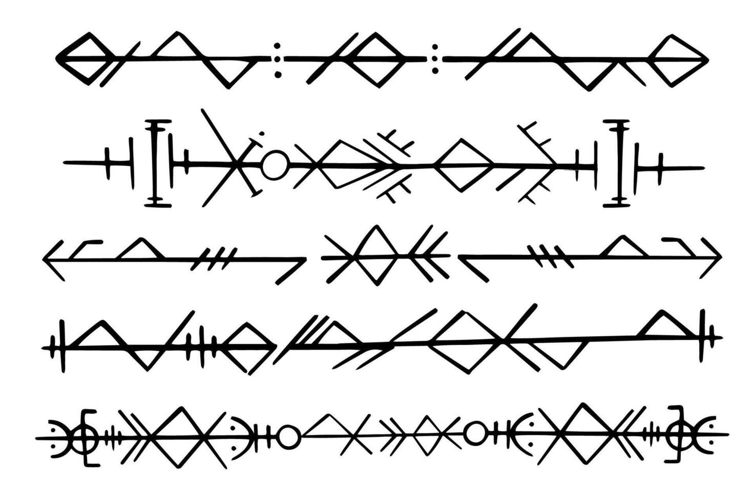 Nordic celtic runes header divider, set norse protection symbols in doodle style, amulet, witchcraft signs on white background. vector