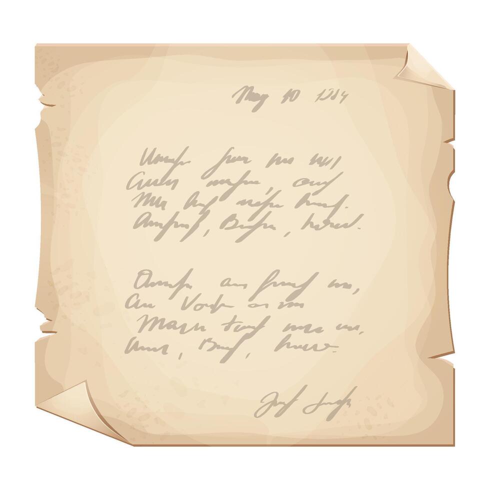 Parchment paper, torn pieces, old sheetwith unreadble scrit in cartoon style, textured empty note isolated on white background. Game ui elements vector