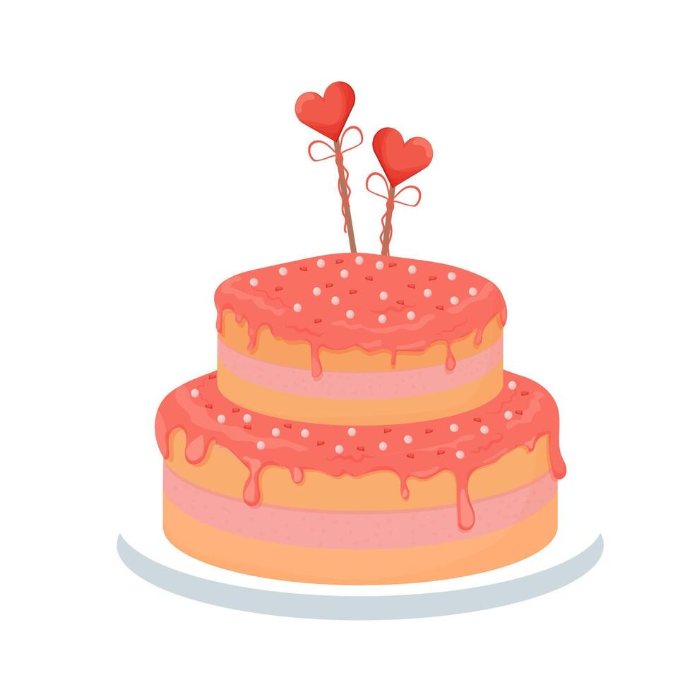 Detailed and bring pink romantic cake, for greeting glazed isolated on white background. Festive element, clipart. vector