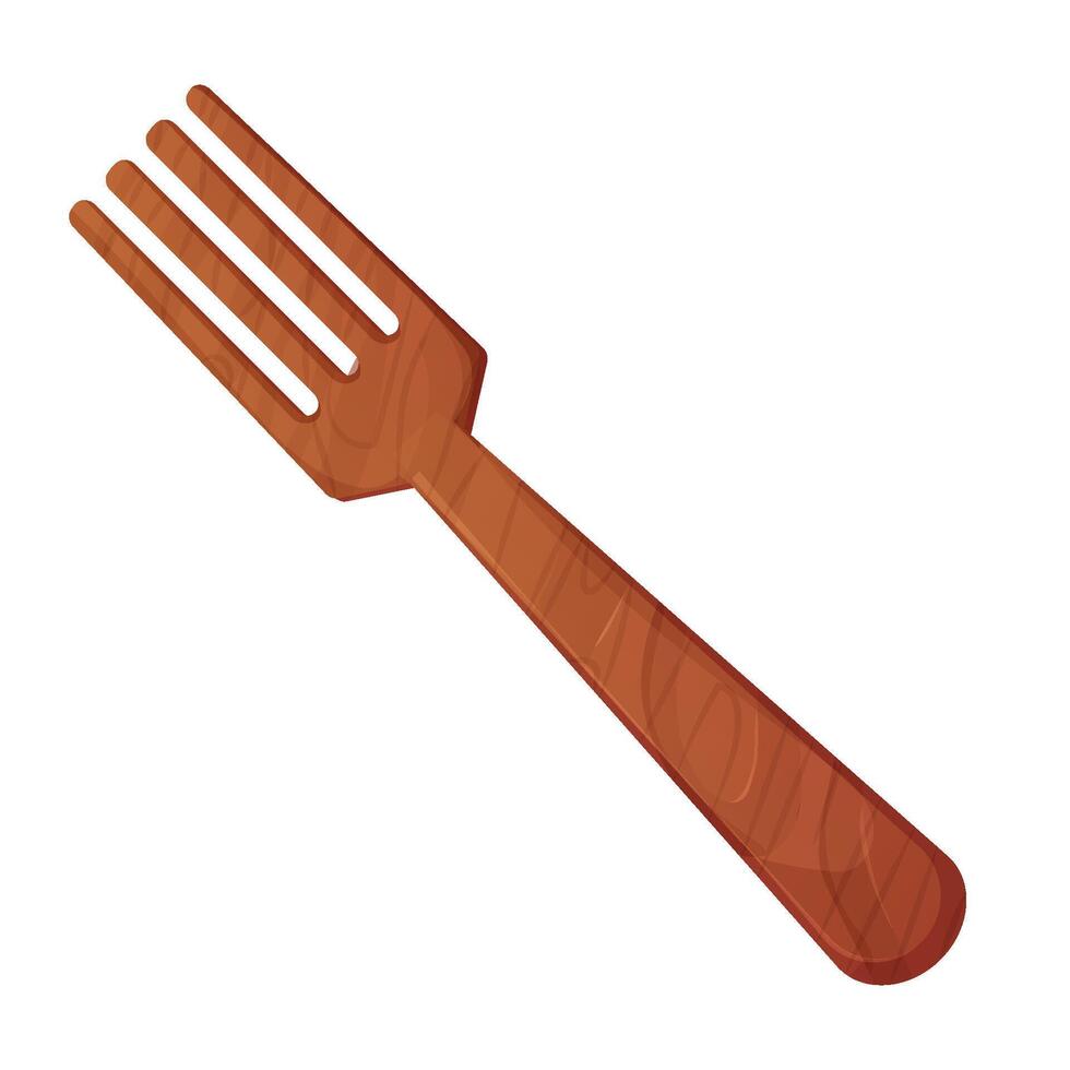 Wooden fork top view cartoon style, textured soup traditional cultery, kitchen utensil isolated on white background. vector