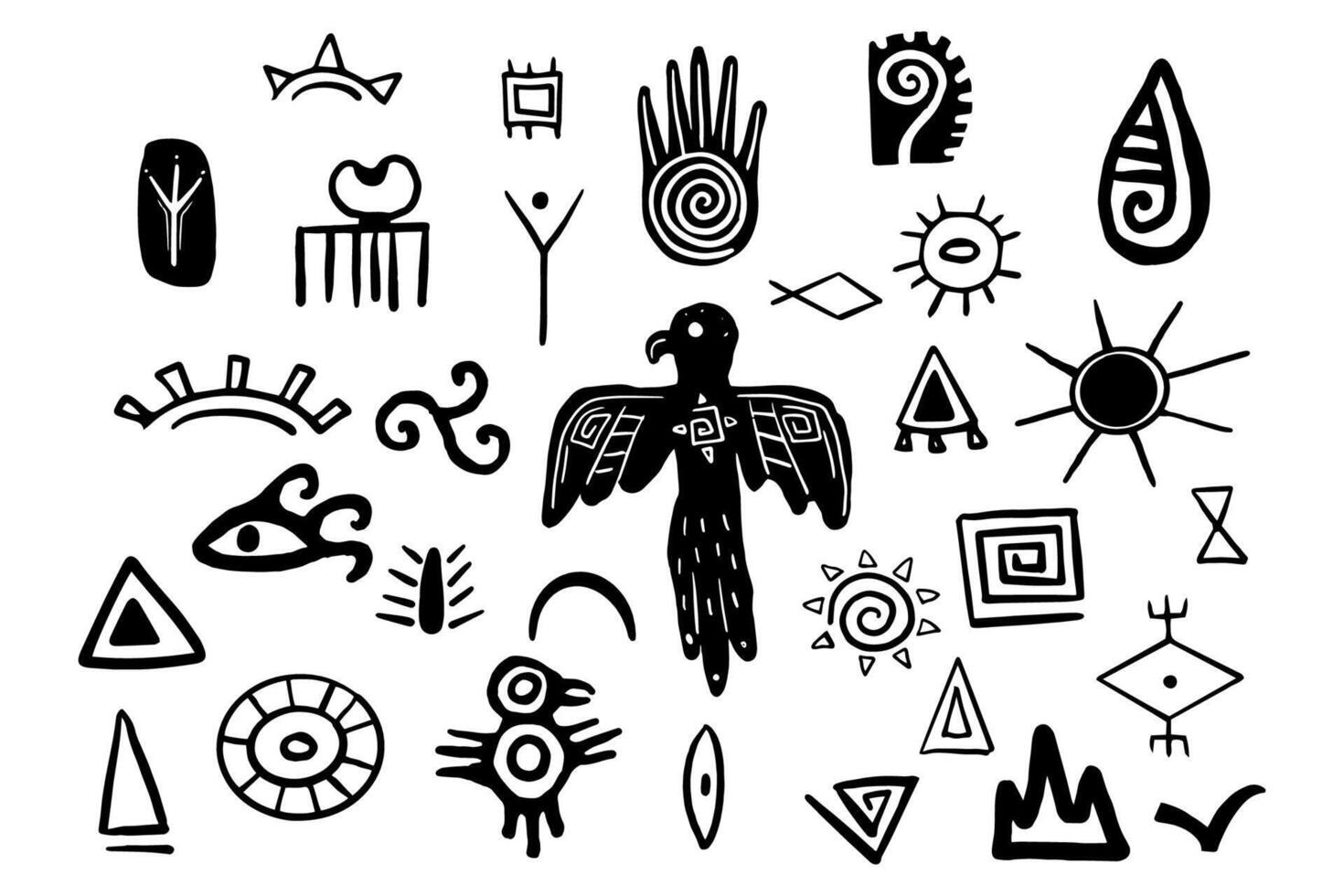 Tibal traditional primitive aztec elements doodle style, mexican indigenous native print, collection torems symbols isolated on white background. vector