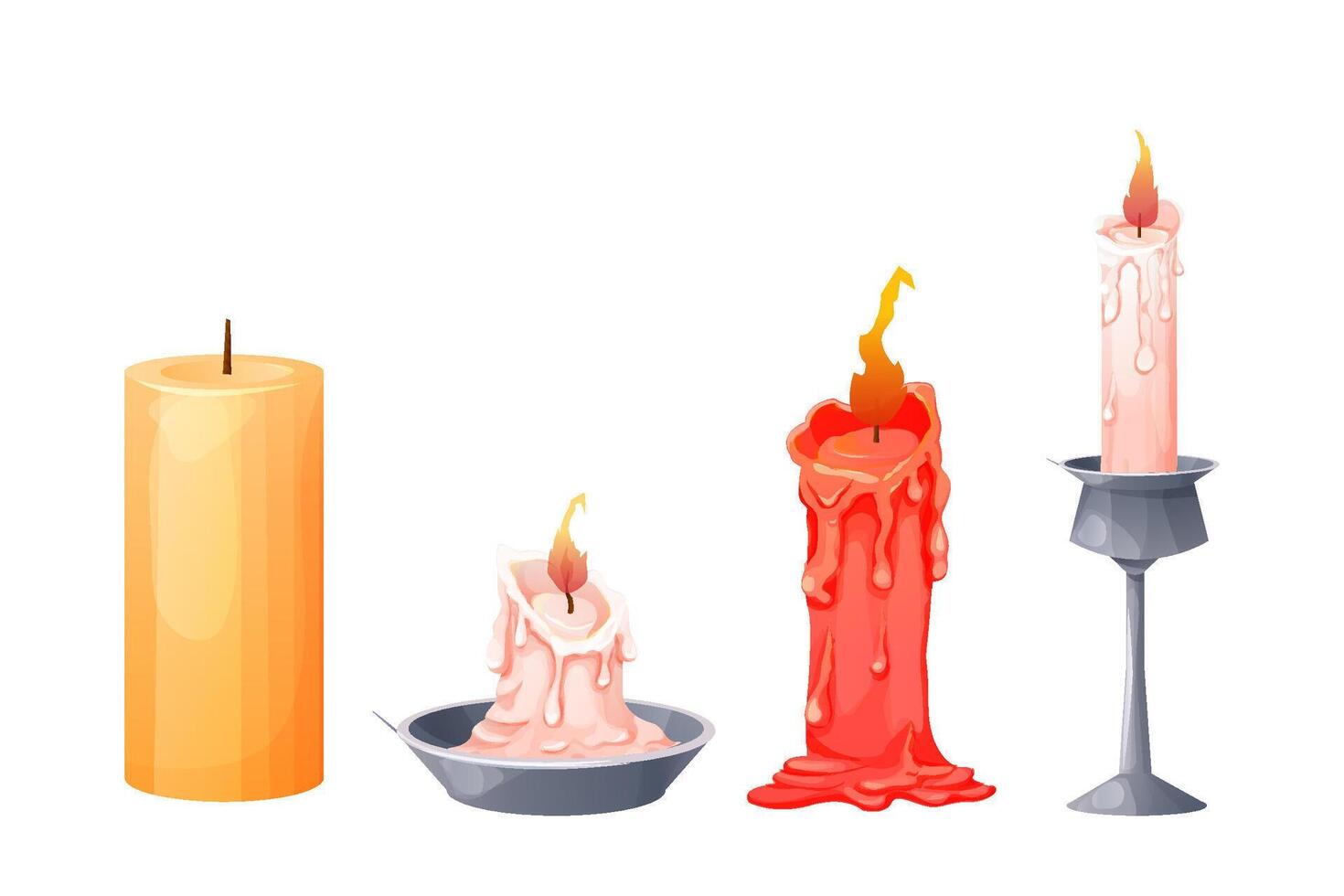 Set wax, paraffin or soy candles in holders red, yellow candlestick with fire, flame light holiday magic decoration isolated on white background. vector