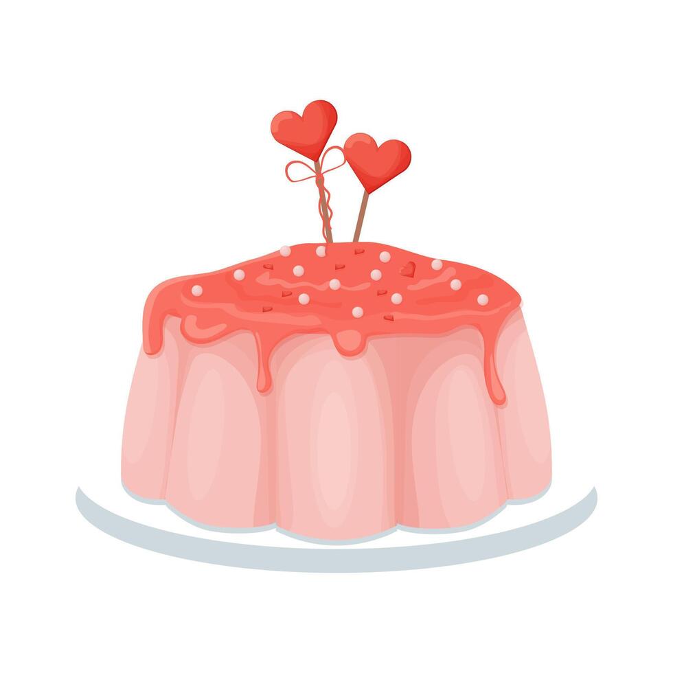 Pink tasty glazed pudding, confectionery dessert, holiday menu isolated on white background. Single clipart, design element with heart shape decoration. vector