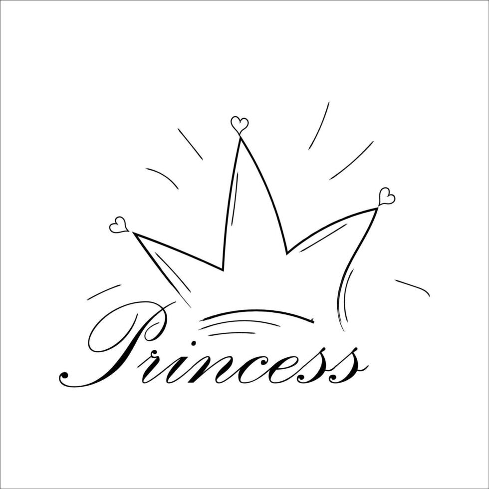 Crown and text princess, black lineart, simple, creative composition isolated on white background. Logo, print modern emblem vector