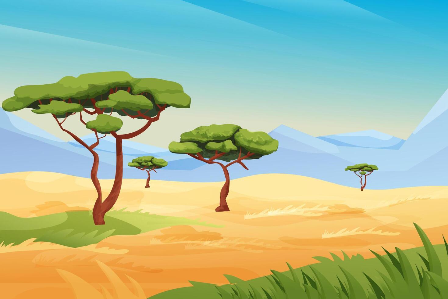 Africa Savannah landscape, safari with grass, trees, mountains, summer hot scene, wild nature in cartoon style. vector