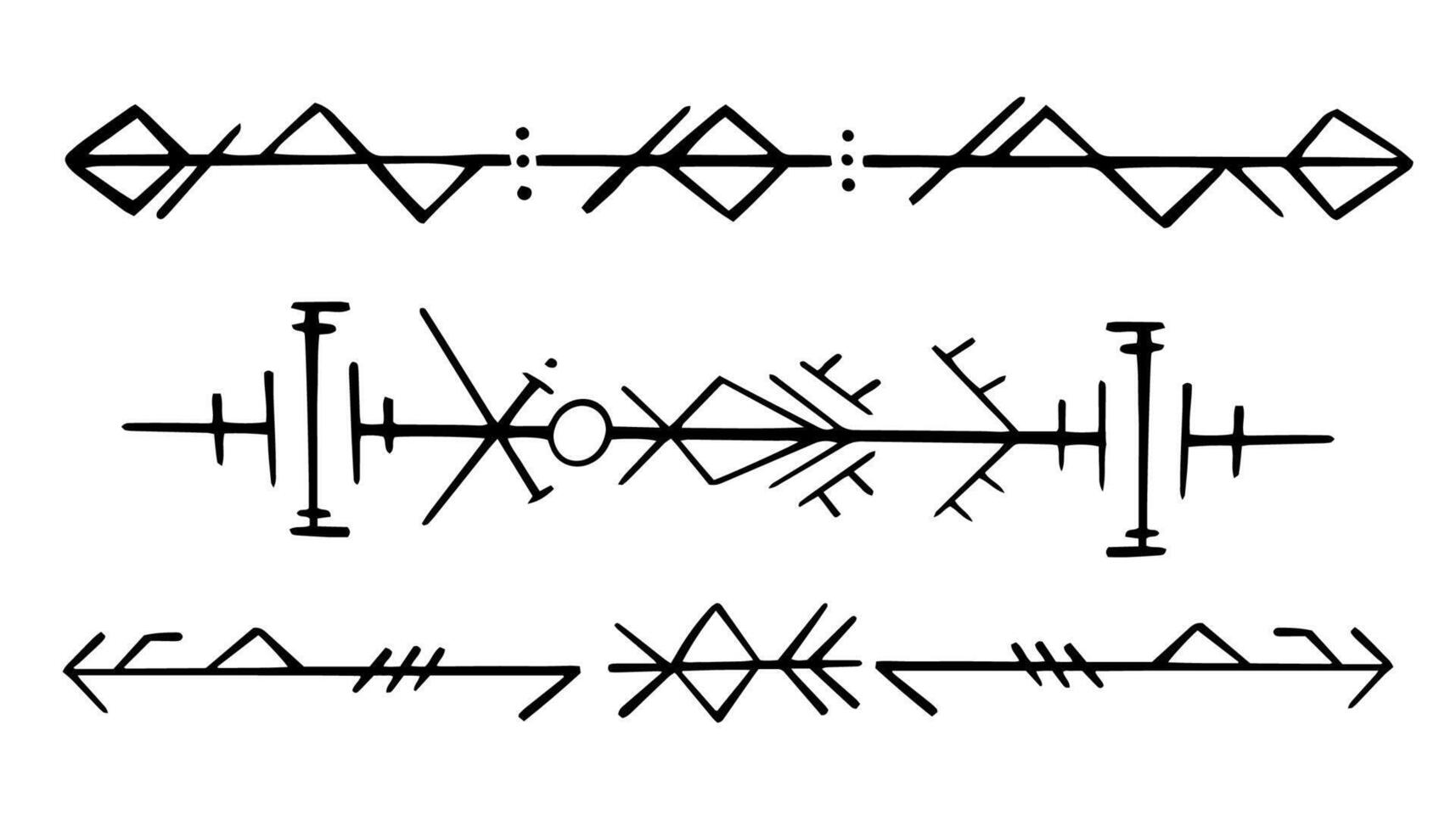 Nordic celtic runes header divider, set norse protection symbols in doodle style, amulet, witchcraft signs on white background. vector