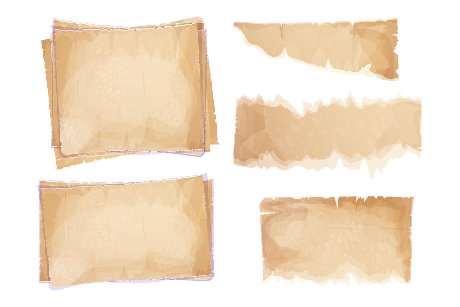 Set parchment paper, torn pieces, old sheets , textured empty notes isolated on white background. Game ui elements vector