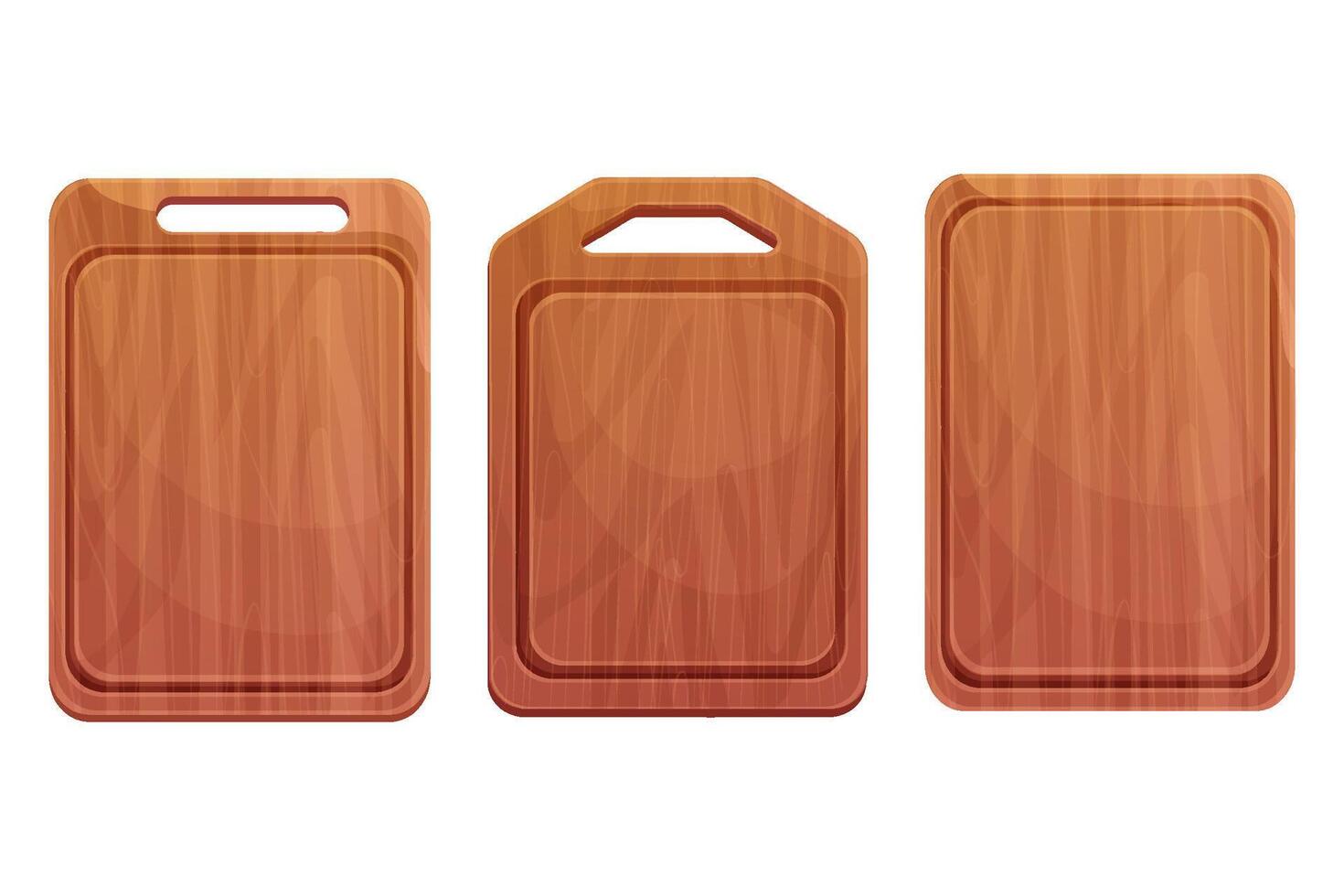 Set Cutting board wooden chopping desk top view in cartoon style isolated on white background. Wood shield, menu mockup vector