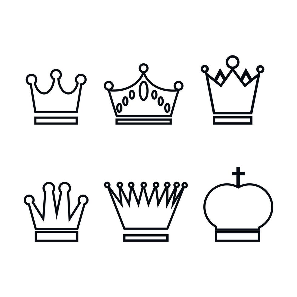 Set, collection line contour crown different design in black colour isolated on white background. Royalty symbol, heraldic sign vector