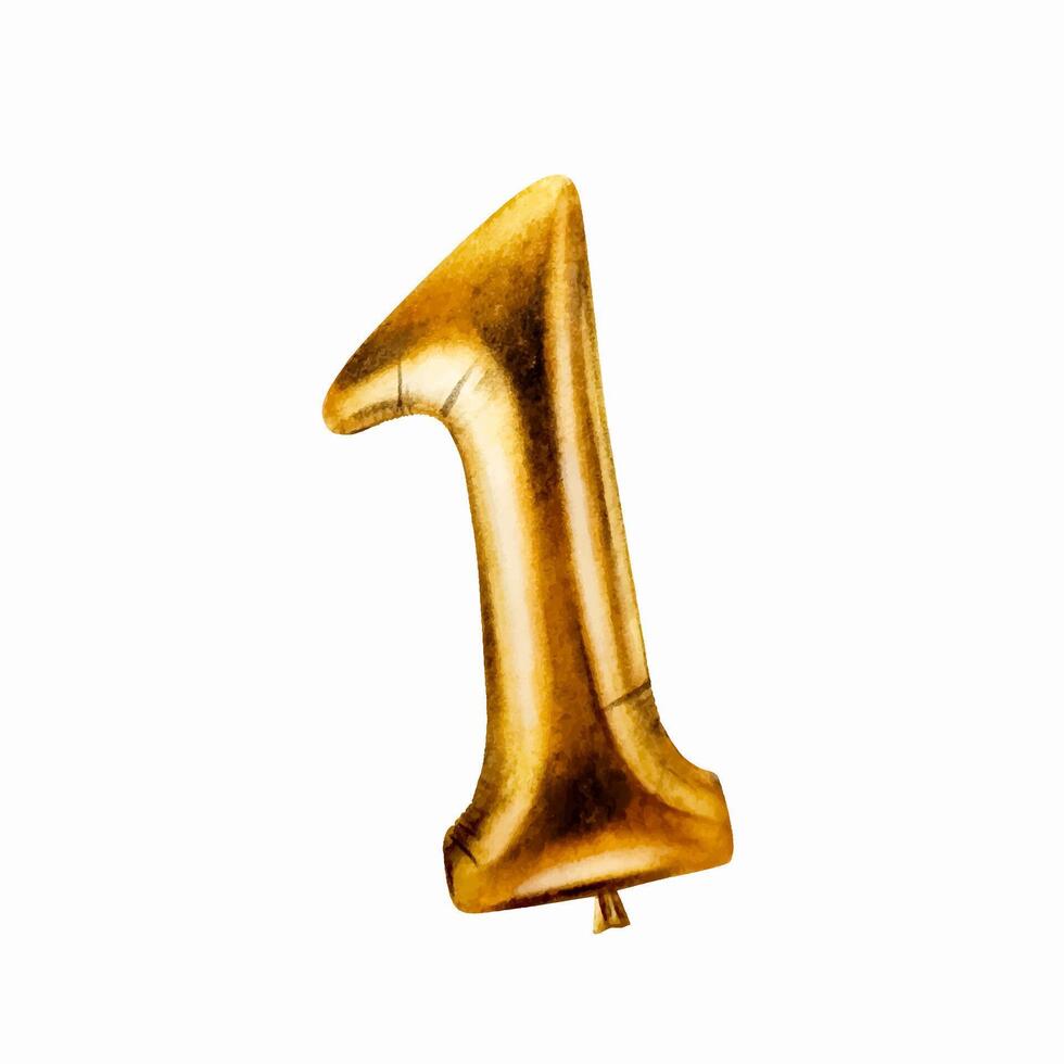Watercolor golden foil balloon digit 1. Hand drawn birthday party number decoration isolated on white background. Shiny element fo vector