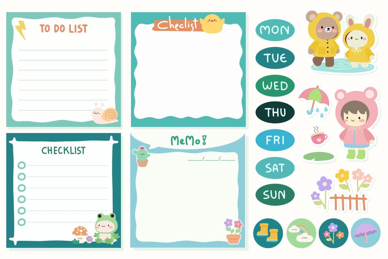 Set of Cute template notes with Rainy season theme. Memos and stickers. Cute paper memo template. Notes, memos and to do lists used in a diary, home or office. vector