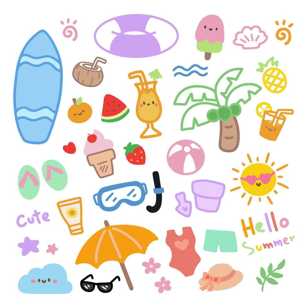 Cute Summer Doodle Set with Fun Beach Elements and Characters vector