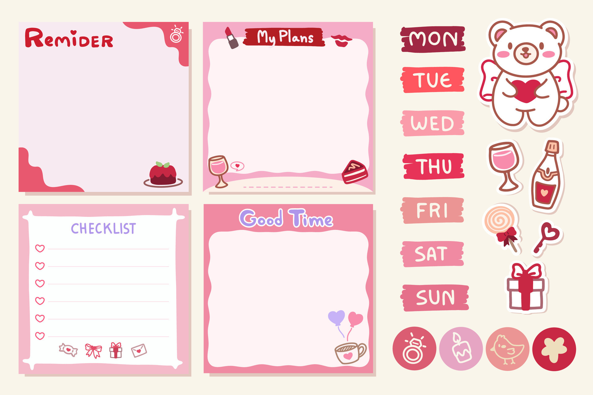 Set of Cute template notes with valentine theme Memos and stickers Set of Cute template notes with valentine theme Memos and stickers