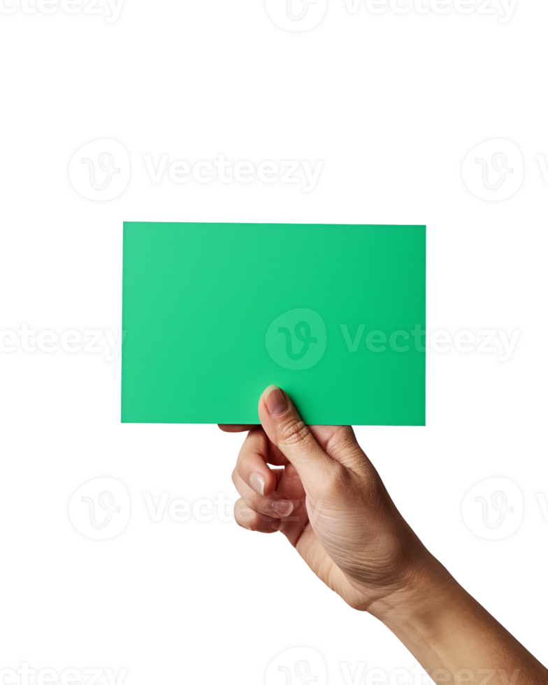 hand holding a blank green card, with a transparent background png