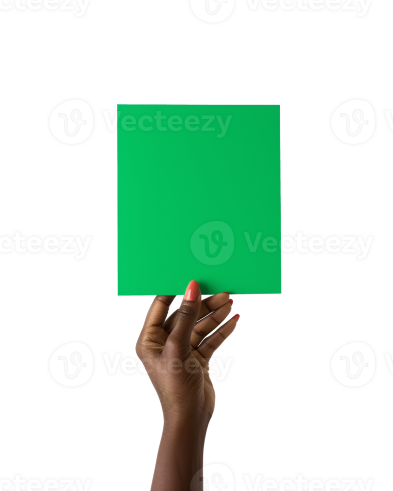 hand holding a blank green card, with a transparent background png