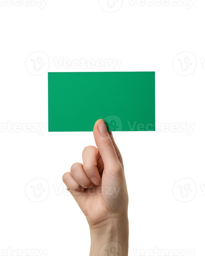 hand holding a blank green card, with a transparent background png