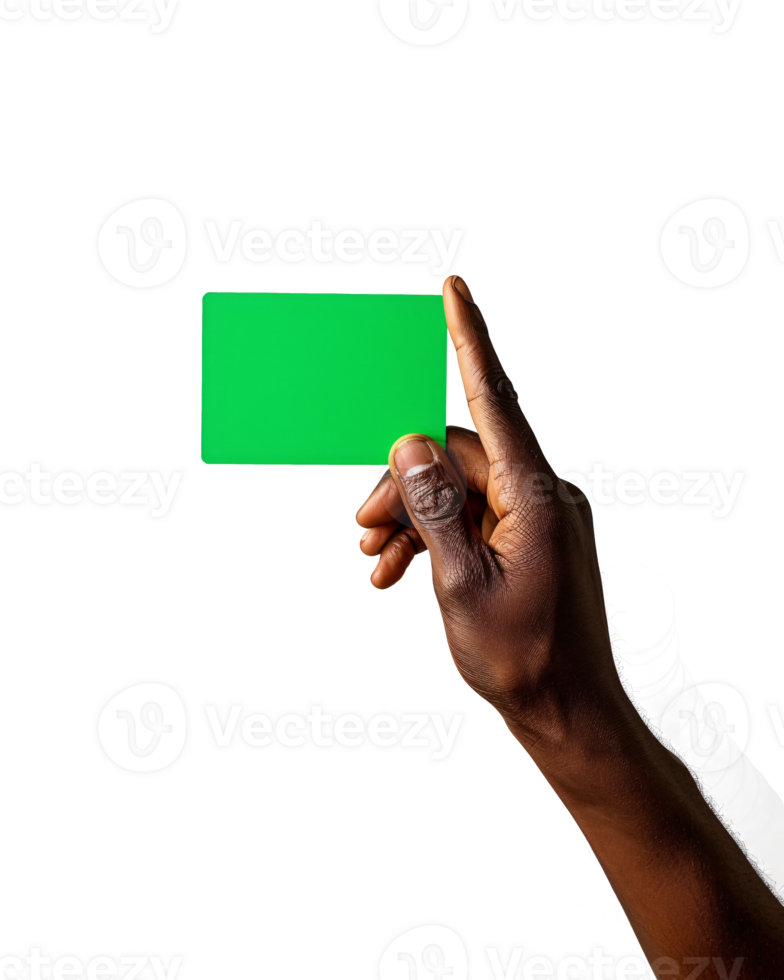 hand holding a blank green card, with a transparent background png