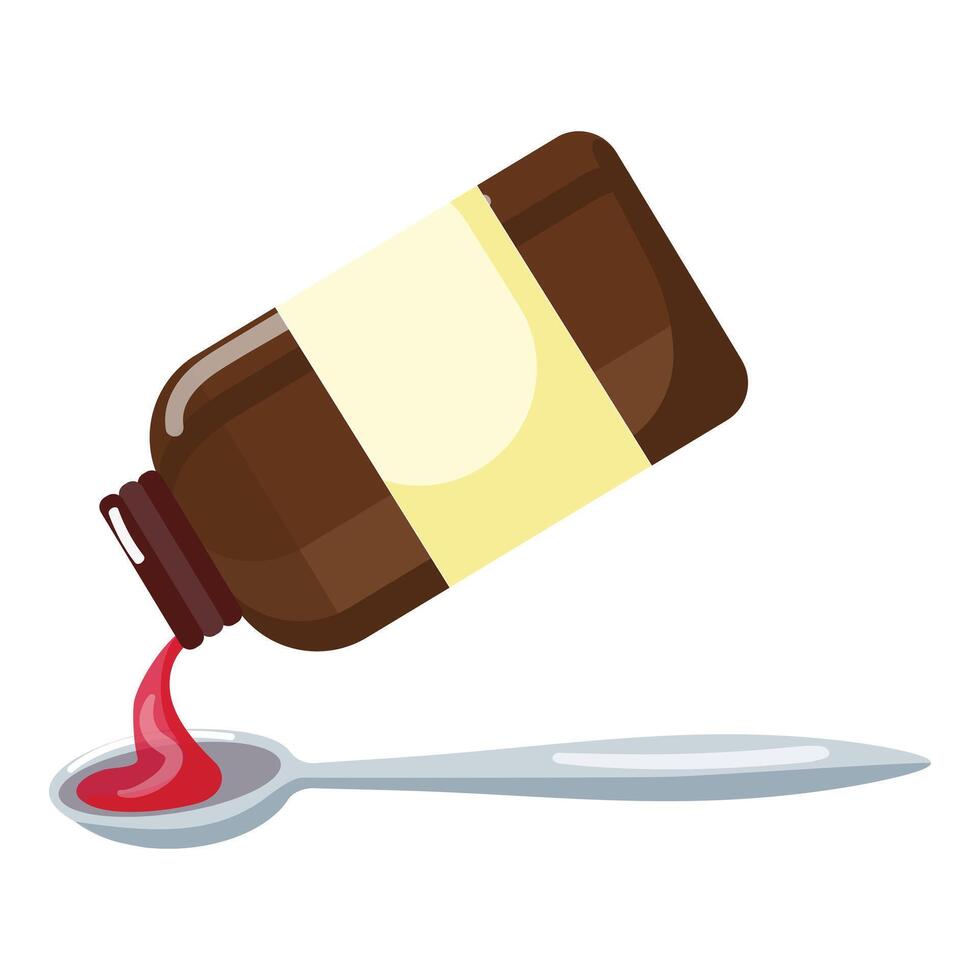 Cartoon medicine bottle pouring syrup into spoon vector