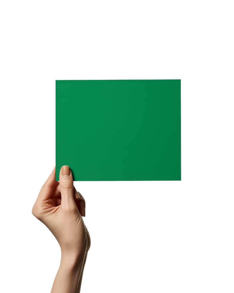hand holding a blank green card, with a transparent background png