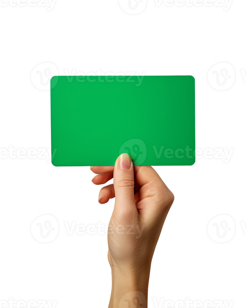 hand holding a blank green card, with a transparent background png