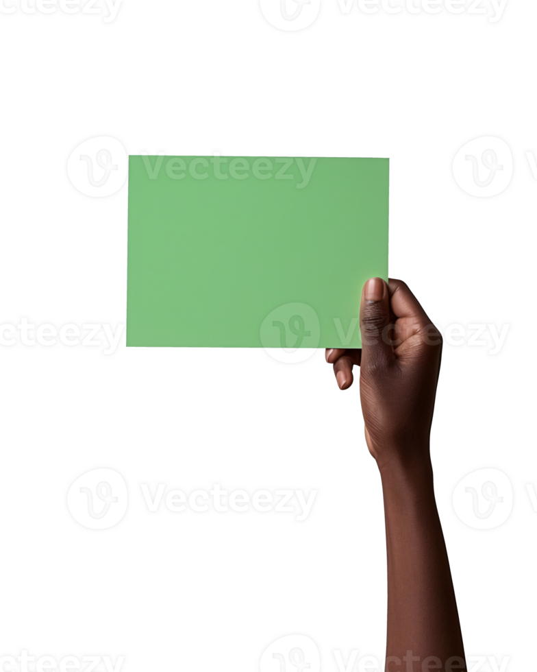 hand holding a blank green card, with a transparent background png