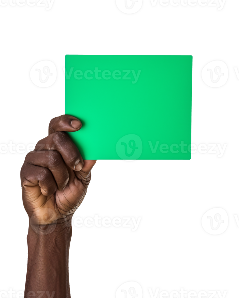 hand holding a blank green card, with a transparent background png