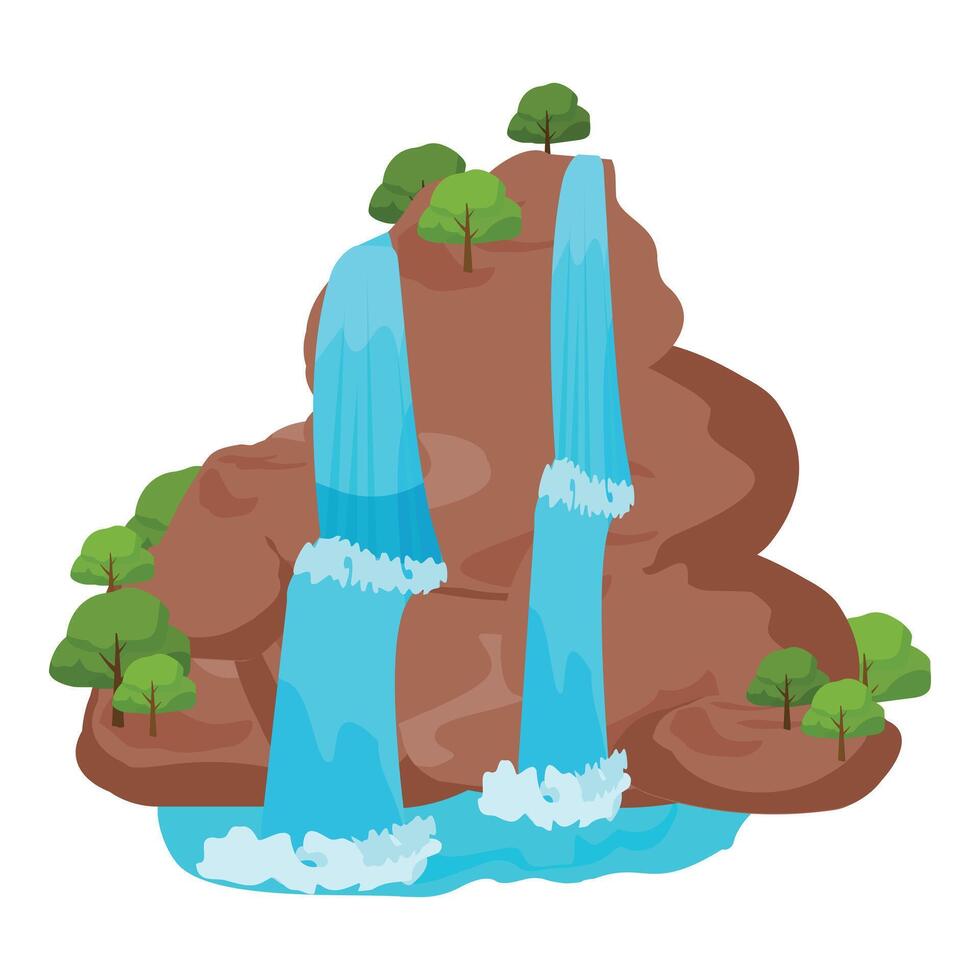 Vibrant illustration of a dual waterfall with trees on a rocky formation vector
