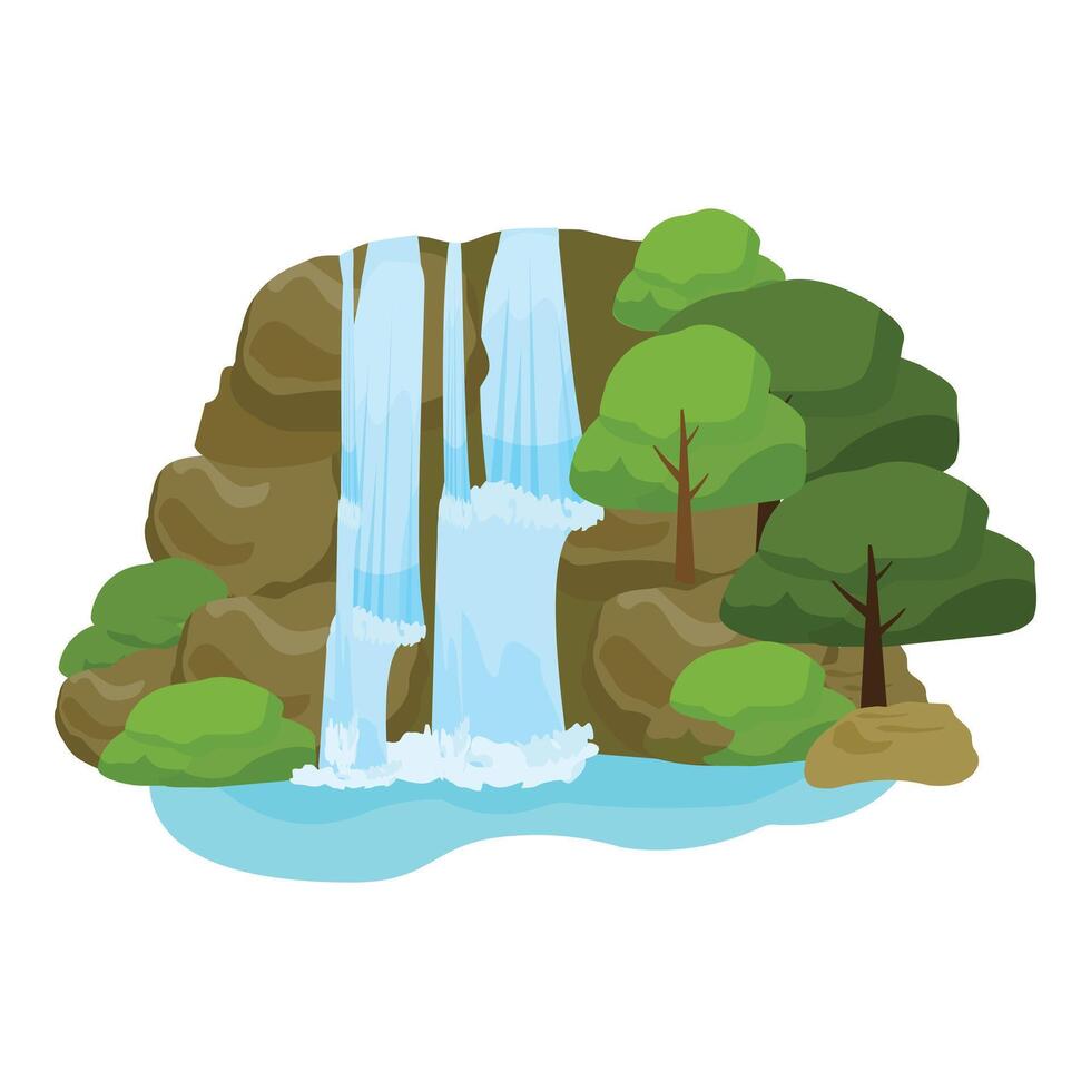 Vibrant flat design of a serene waterfall surrounded by lush greenery vector