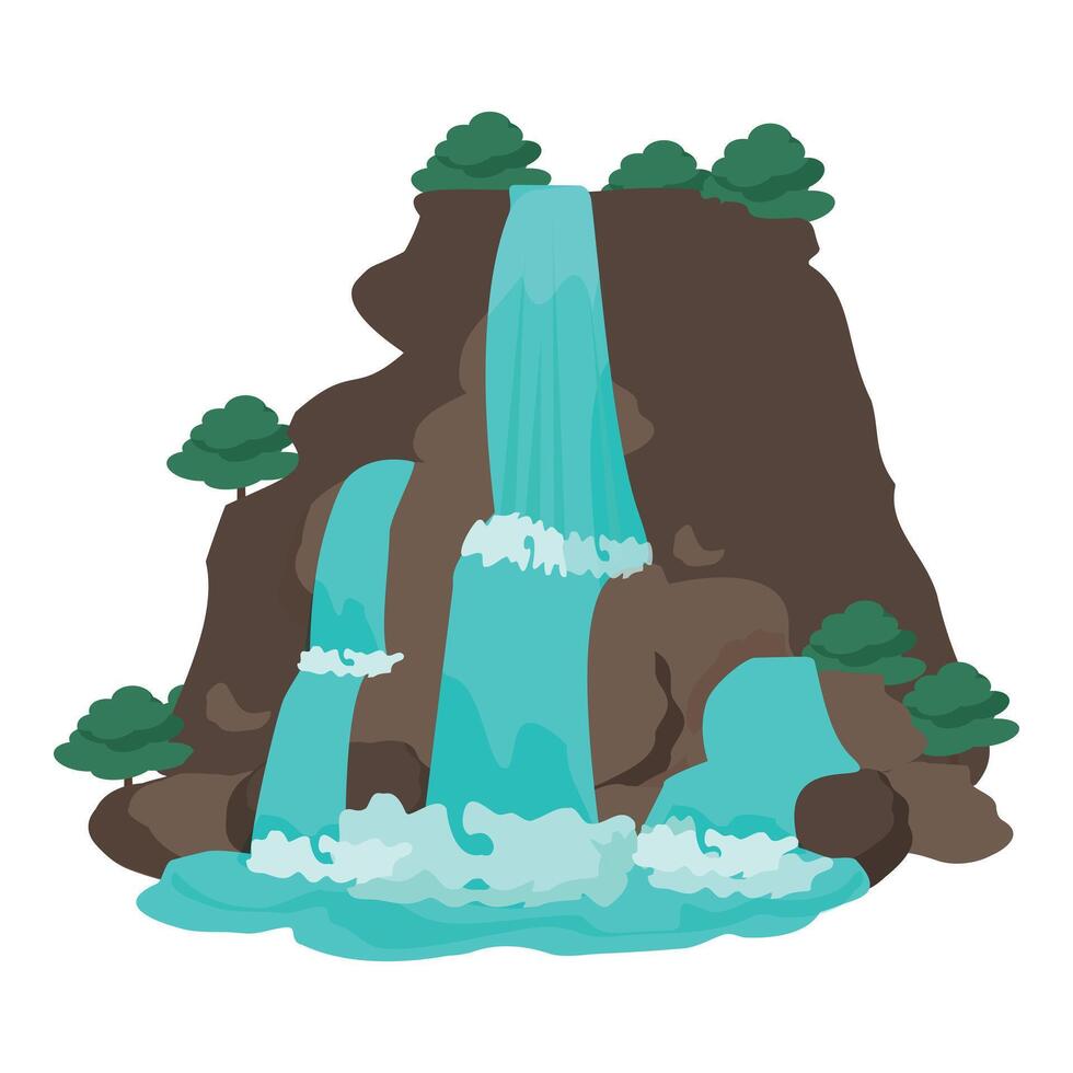 Vivid illustration of a cascading cartoon waterfall with surrounding foliage vector