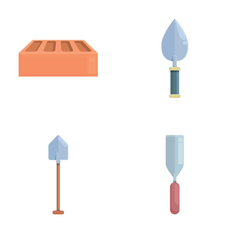 Bricklayer tool icons set cartoon . Various trowel and brick vector