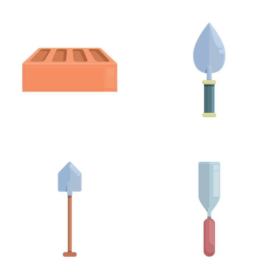 albañil herramienta íconos conjunto dibujos animados . varios paleta y ladrillo vector