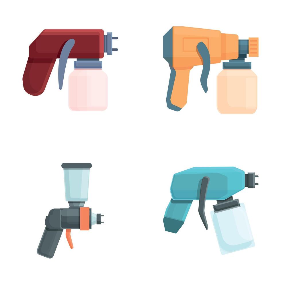 Spray gun icons set cartoon . Pistol pulverizer with nozzle vector