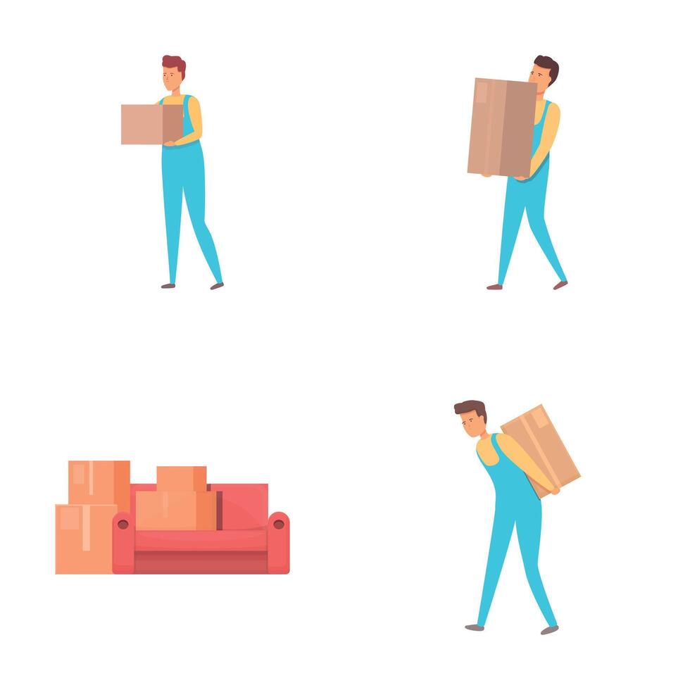 Delivery worker icons set cartoon . Worker man in uniform carry furniture vector
