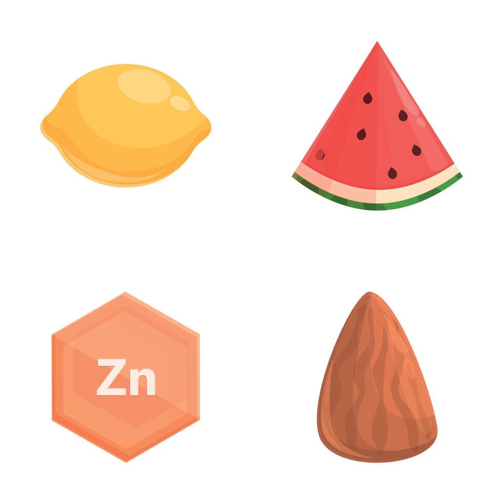 Zn mineral icons set cartoon . Food product with high content of zinc vector
