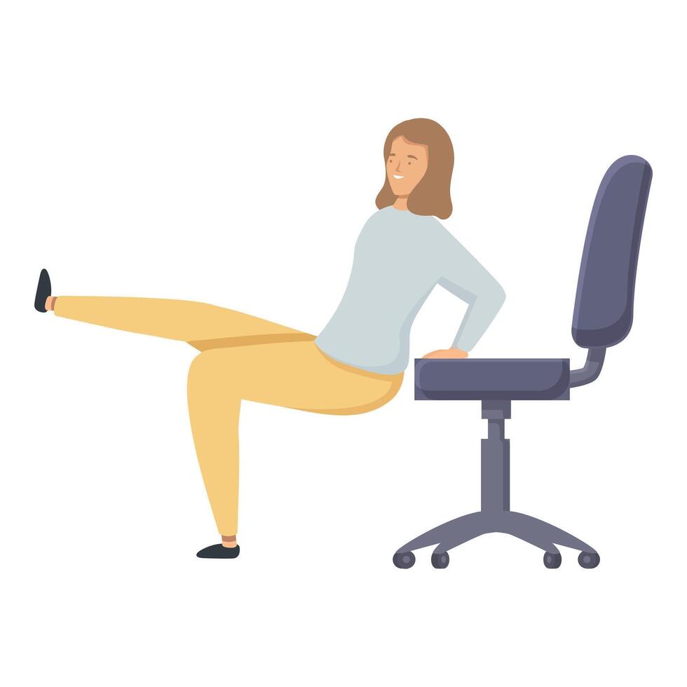 Cheerful woman stretches her leg while sitting on an office chair, demonstrating a simple desk exercise vector