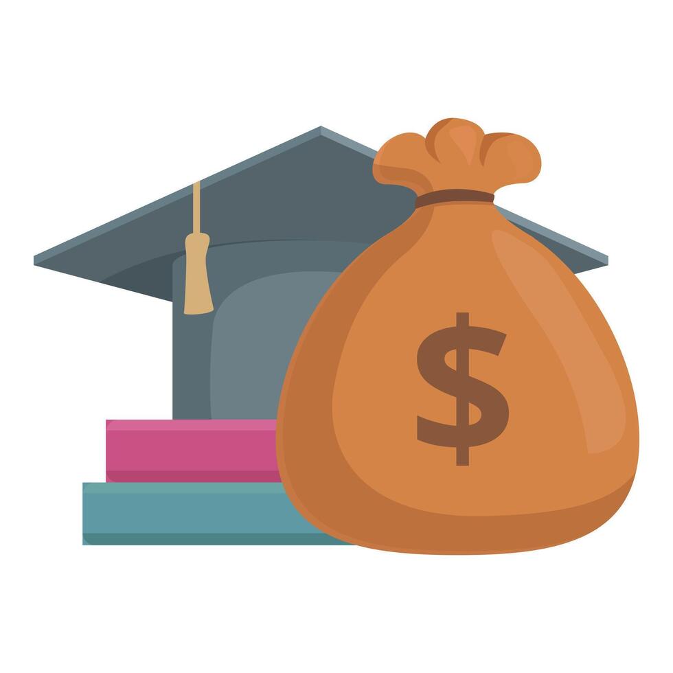 Graphic of a graduation cap with books and a money bag, representing educational expenses vector