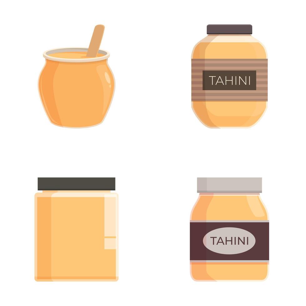 Tahini icons set cartoon . Tahini sesame seed paste vector