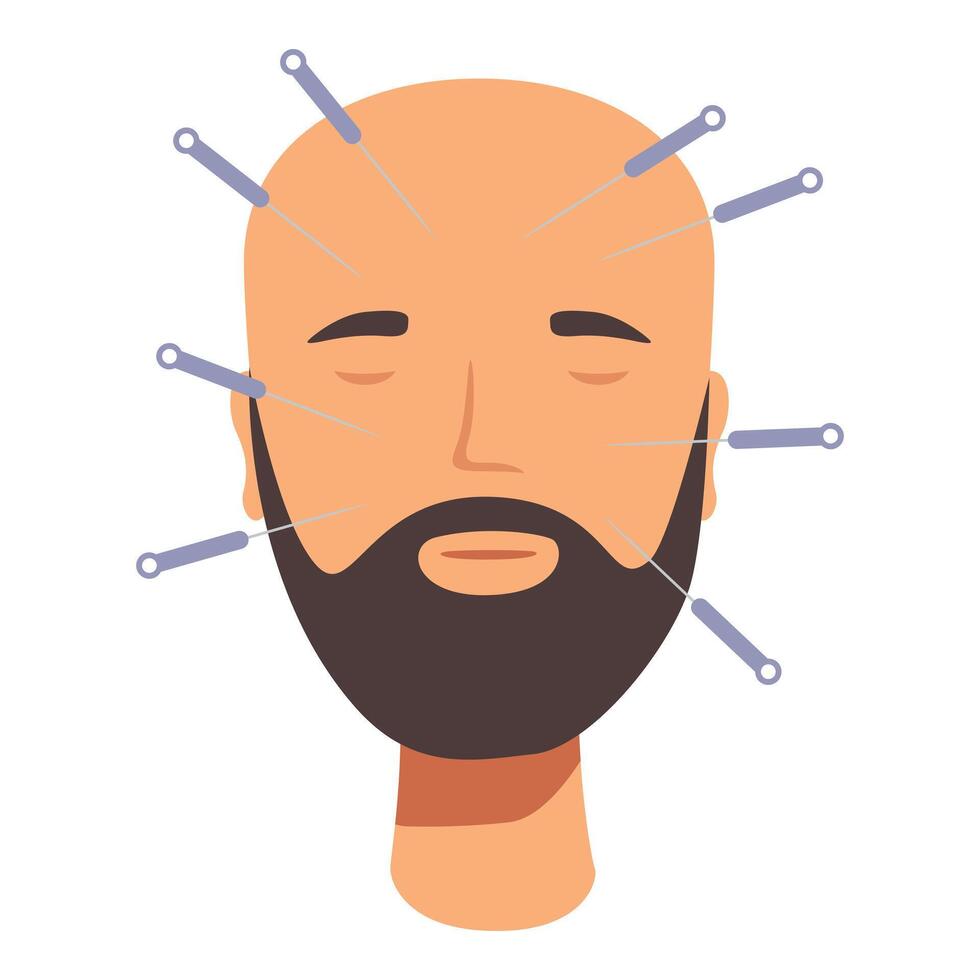 graphic of a bald man with beard receiving acupuncture needles on the head vector