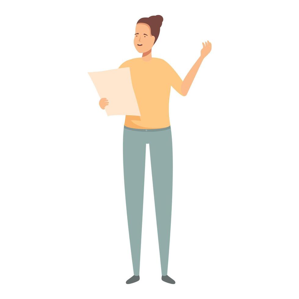Smiling woman stands holding a paper, gesturing as if presenting or explaining vector