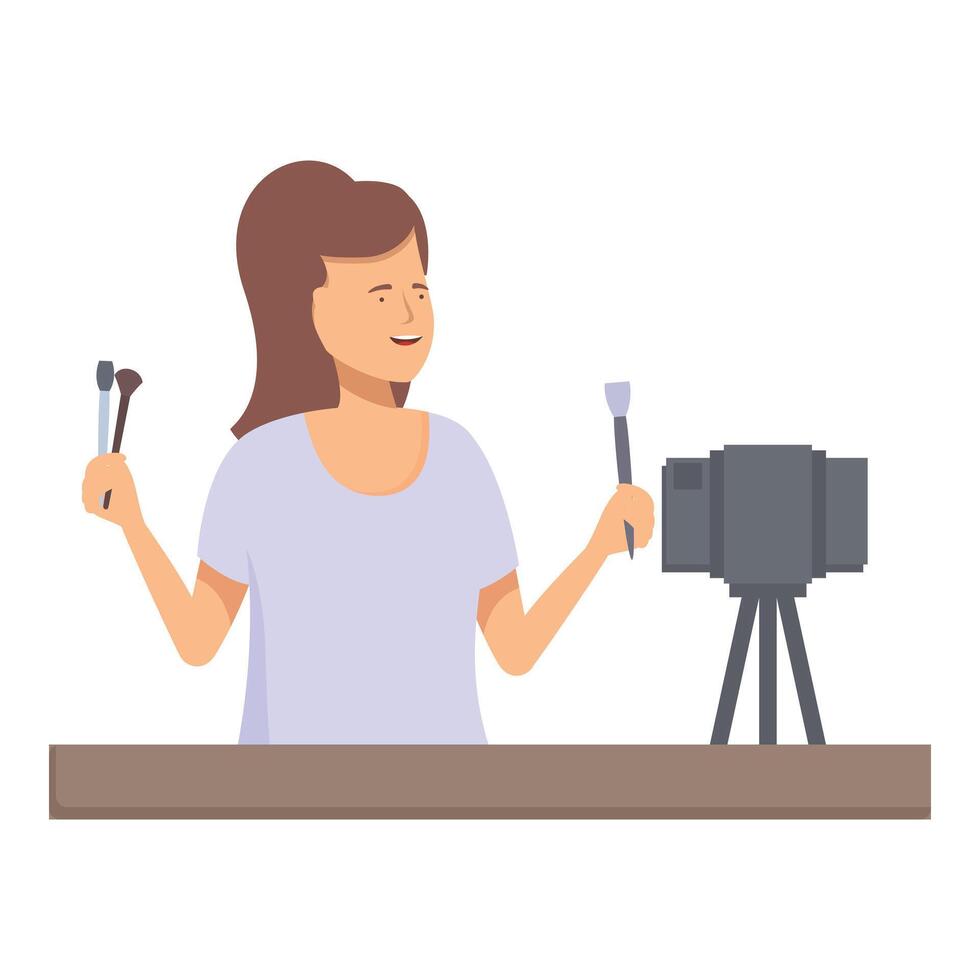 Female makeup artist with brushes and table in front of camera vector