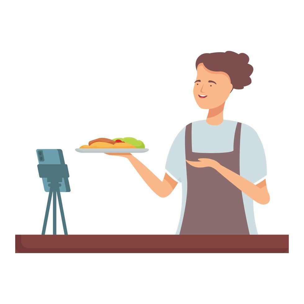 Food vlogger presenting a dish to camera vector