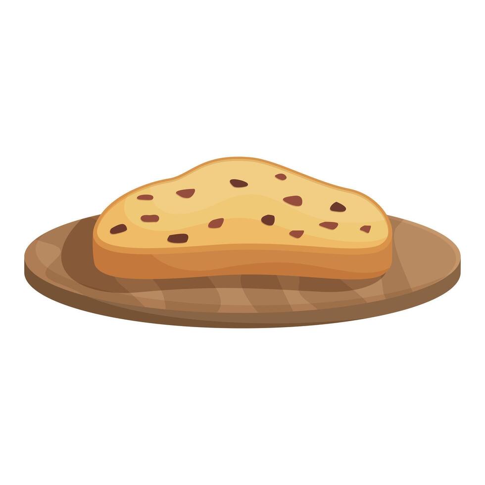 Cartoon raisin bread slice on wooden plate vector